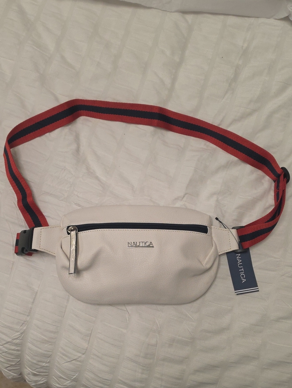 Nautica White Belt Bag with Red & Navy Stripe Strap